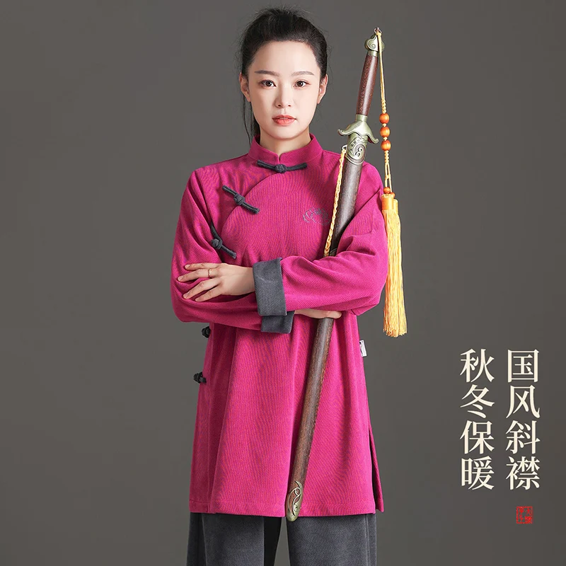 Women's New Premium Autumn Winter Traditional Cross-Collar Embroidered Wool Tai Chi Suit for Qigong Martial Arts Practice