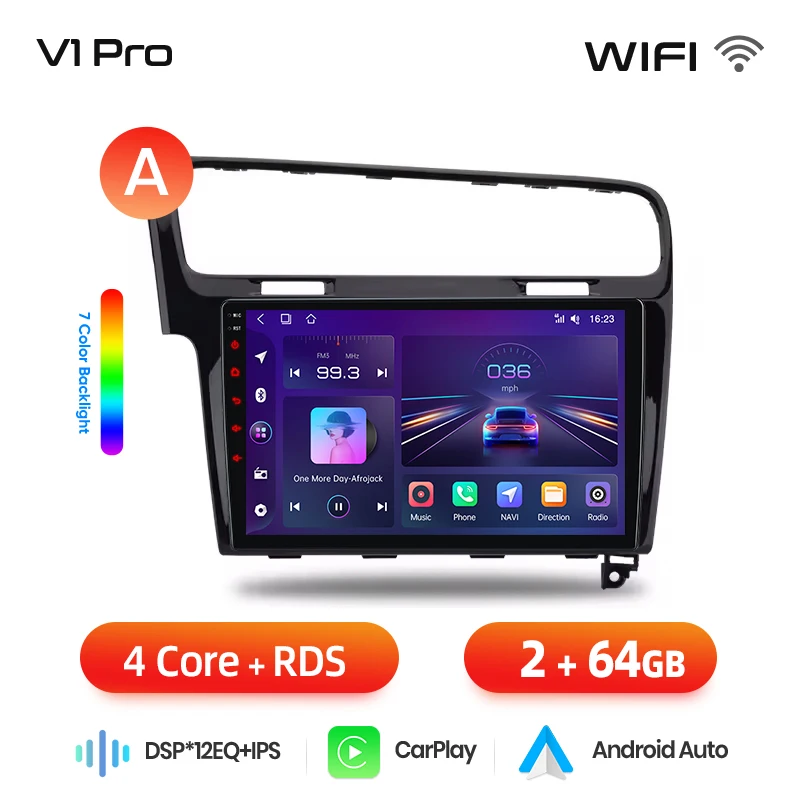 Junsun draadloze CarPlay Android Auto autoradio voor Volkswagen (VW) Golf Mk7 (Typ 5G) 2012-2017 met ingebouwde koelventilator, Android GPS navigatie, multimediaspeler, WiFi, DSP, RDS, BT, SWC, IPS