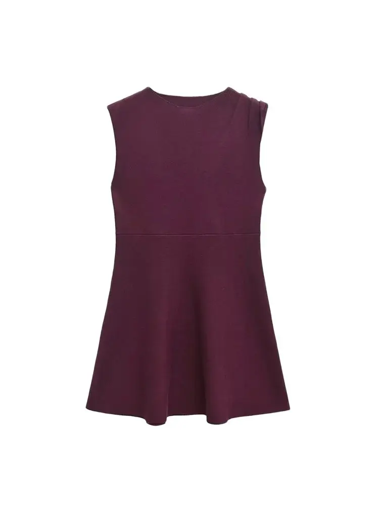 

TRZA-Pleated Knit Mini Dress for Women, O-Neck, Asymmetric Sleeve, Female Dresses, Chic Fashion