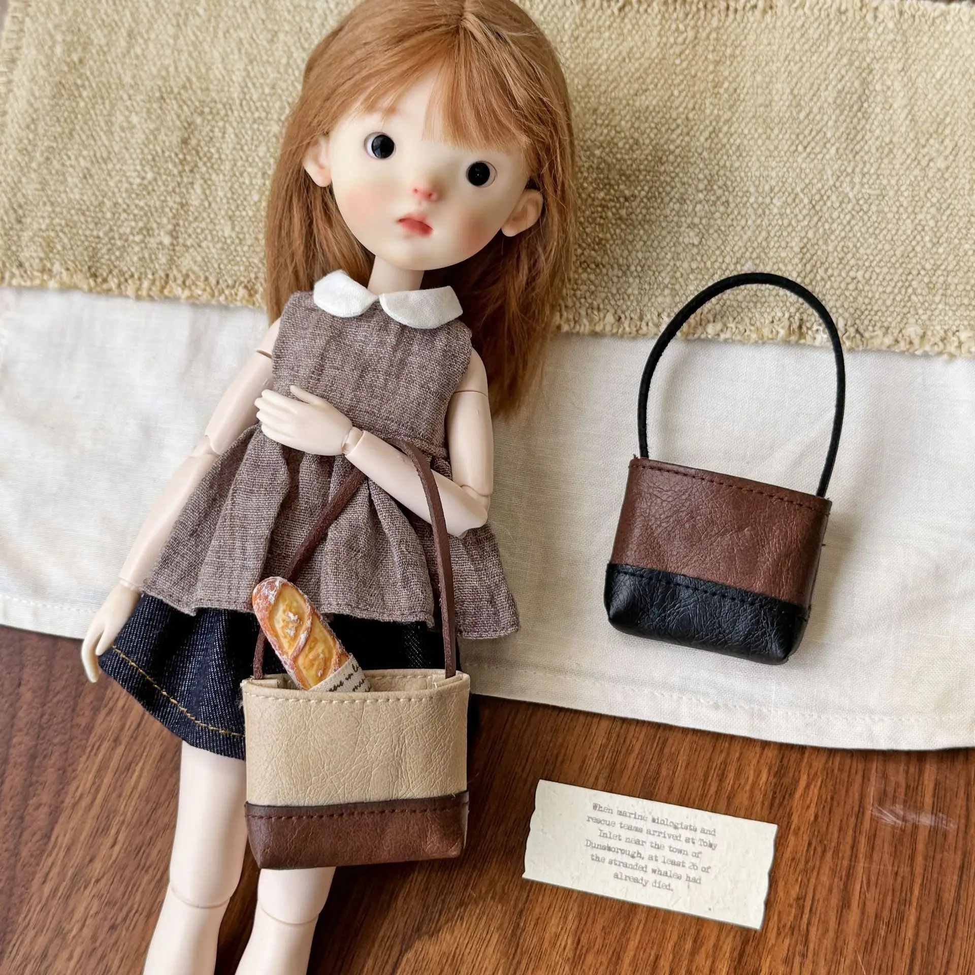 Cute Mini Faux Leather Doll Two-Tone Bucket Bag Fits 1/6 BJD 1/8 Zsiga Doll, Doll Accessories