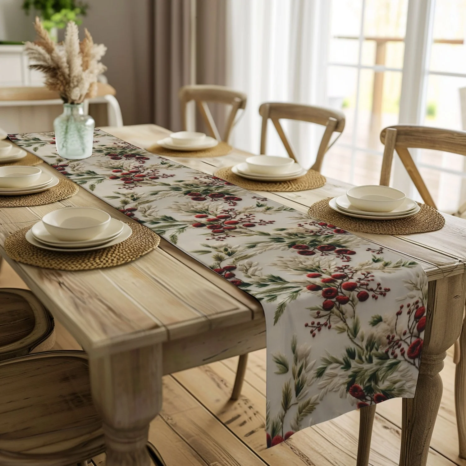 Botanical Christmas Table Runner: Floral Winter Holiday Decor,Xmas Home Decor Festive Dining Runner Christmas Table Decor
