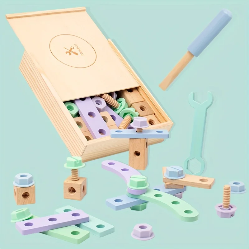 La caja de herramientas creativa para montaje de tuercas estimula la inteligencia de los niños para montar y usar la imaginación para construir una caja de madera con bricolaje