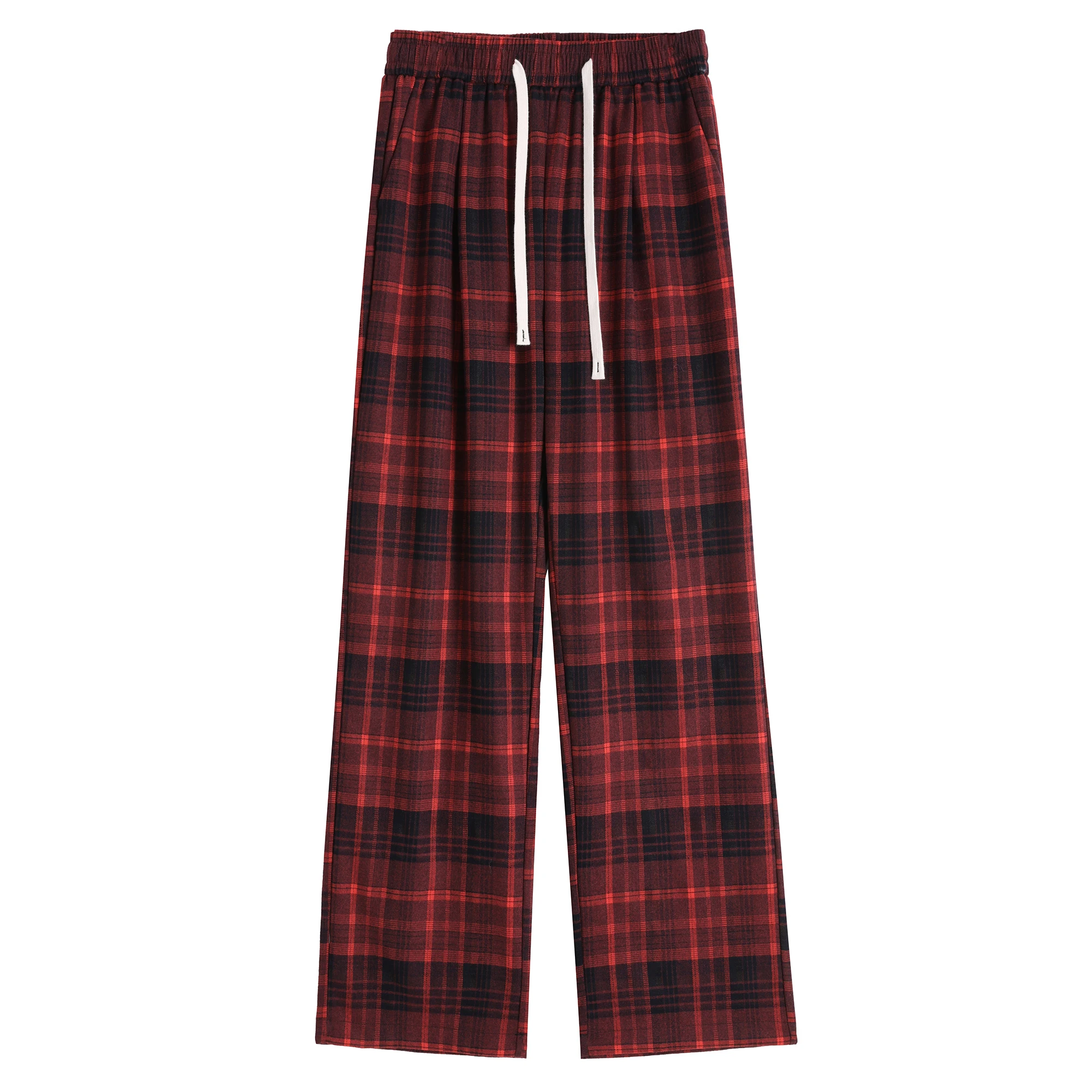 2024 Spring Retro Lazy Style Contrast Red Checkered Pants Children's Korean Edition High Waist Slim and Slimming Wide Leg Pants