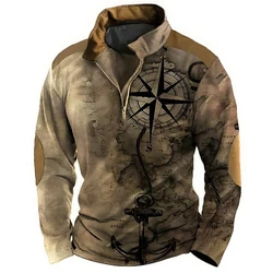 Men's Vintage Nautical Map Compass Print Half Zip Long Sleeve Sweatshirts Autumn Street Clothing Fashion Stand Collar Loose Tops