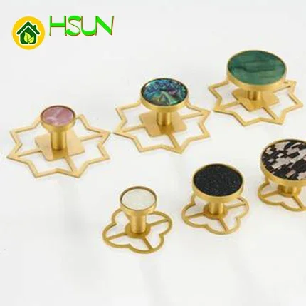 Brass shell knob with flower base light luxury Nordic wardrobe cabinet drawer rural furniture white gold handle pure copper