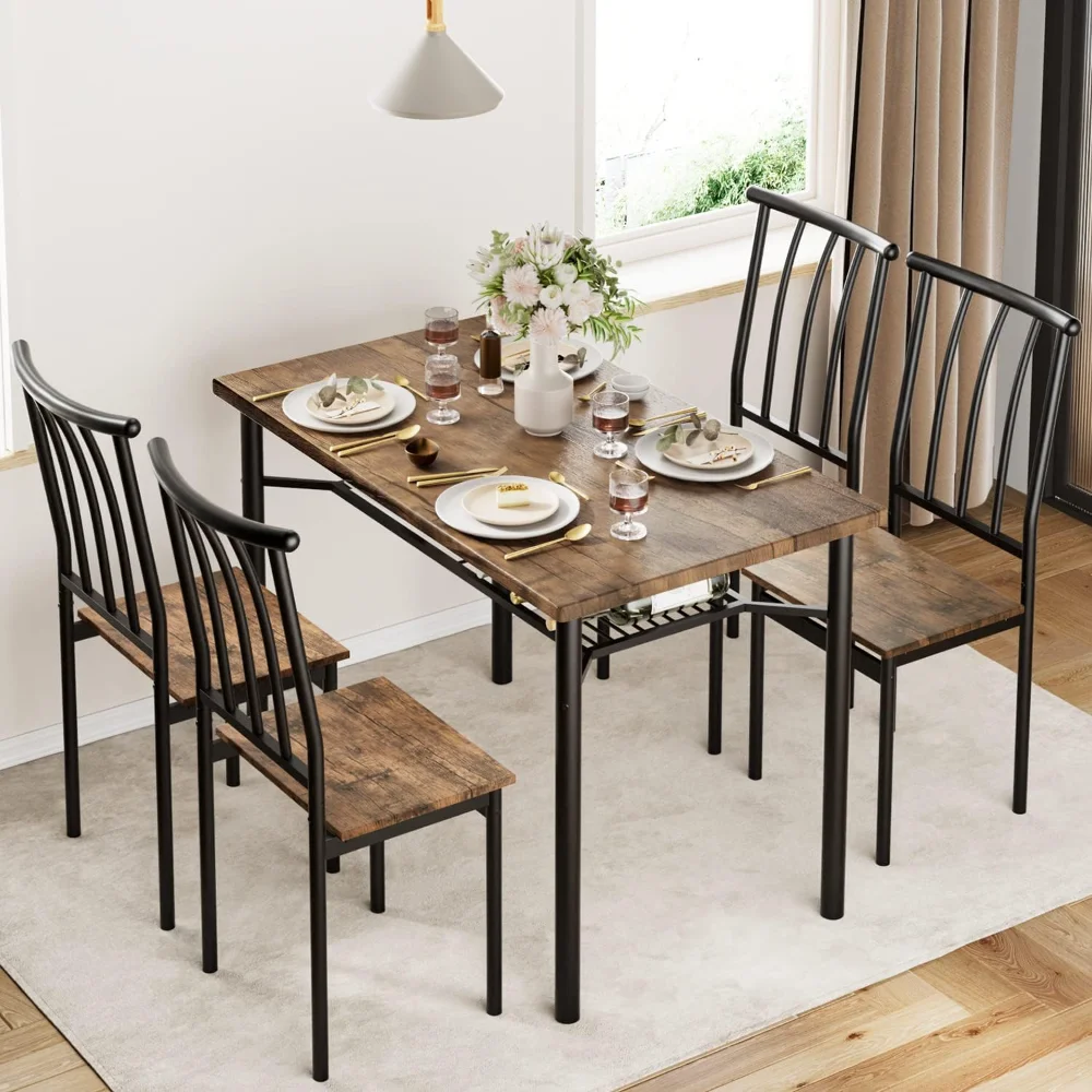 IDEALHOUSE Dining Table Set for 4, Kitchen Table and Chairs for 4 with Wine Rack, Sturdy Rectangular Kitchen Table Set