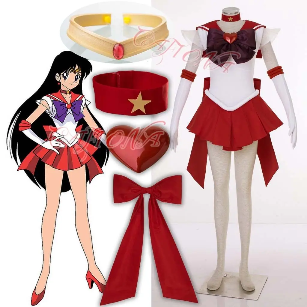 

Cafiona Sexy Sailor Red Mini Dress Hino Rei Sailor Mars Cosplay Costumes Women Halloween Dress Outfits Necklace Brooch Set