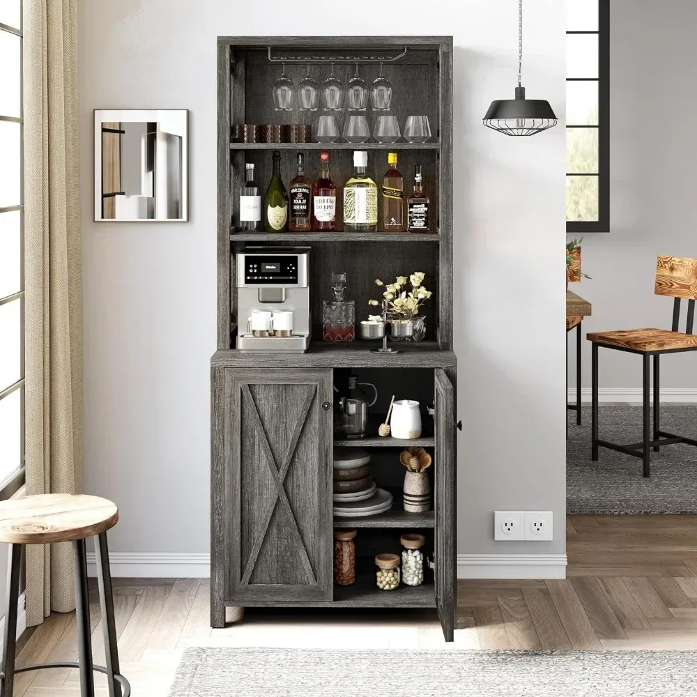 Armoire de bar avec portes en bois, armoires de bar hautes de 67 po, étagères de rangement ouvertes, armoire de café de ferme avec rangement