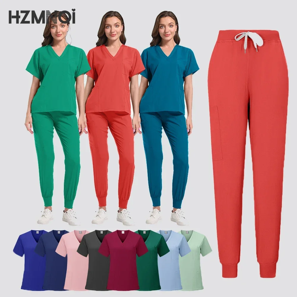 Uniforme de enfermagem esfrega terno manga curta com decote em v topos + calças jogger conjunto uniforme feminino multicolorido pet médico esfrega workwear