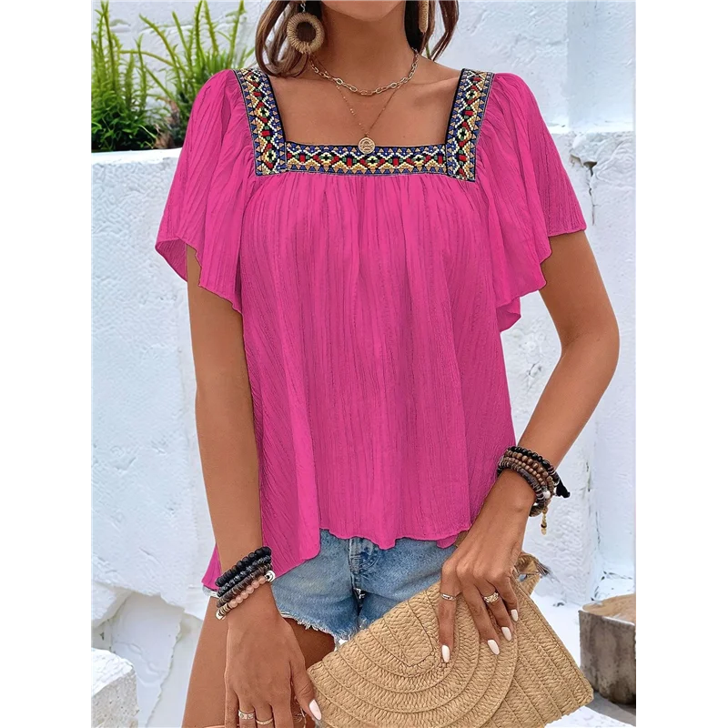 【Party-Decoration】Mexican Shirts For Women Boho Embroidered Short Butterfly Sleeve Square Neck Loose Blouses Tees
