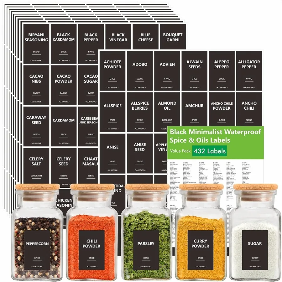 432 Etiquetas de especias extraíbles 396 pegatinas de vinagre de aceite de salsa de condimentos de semillas de hierbas preimpreso 36 en blanco a prueba de agua OilandTear Re
