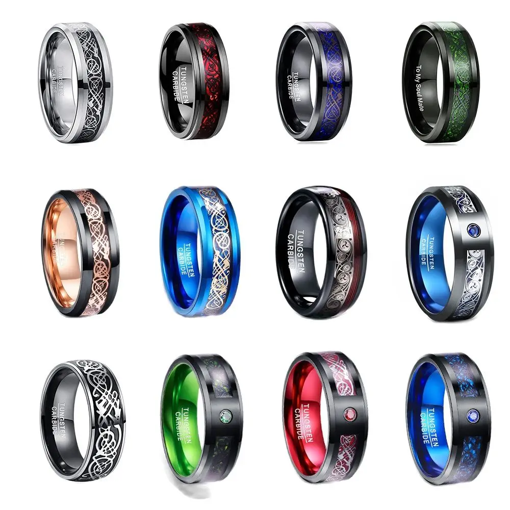 

Bonlavie 8mm Men's Ring Dragon Pattern Multiple Styles Tungsten Carbide Ring Wedding Jewelry Gift Fit for Men