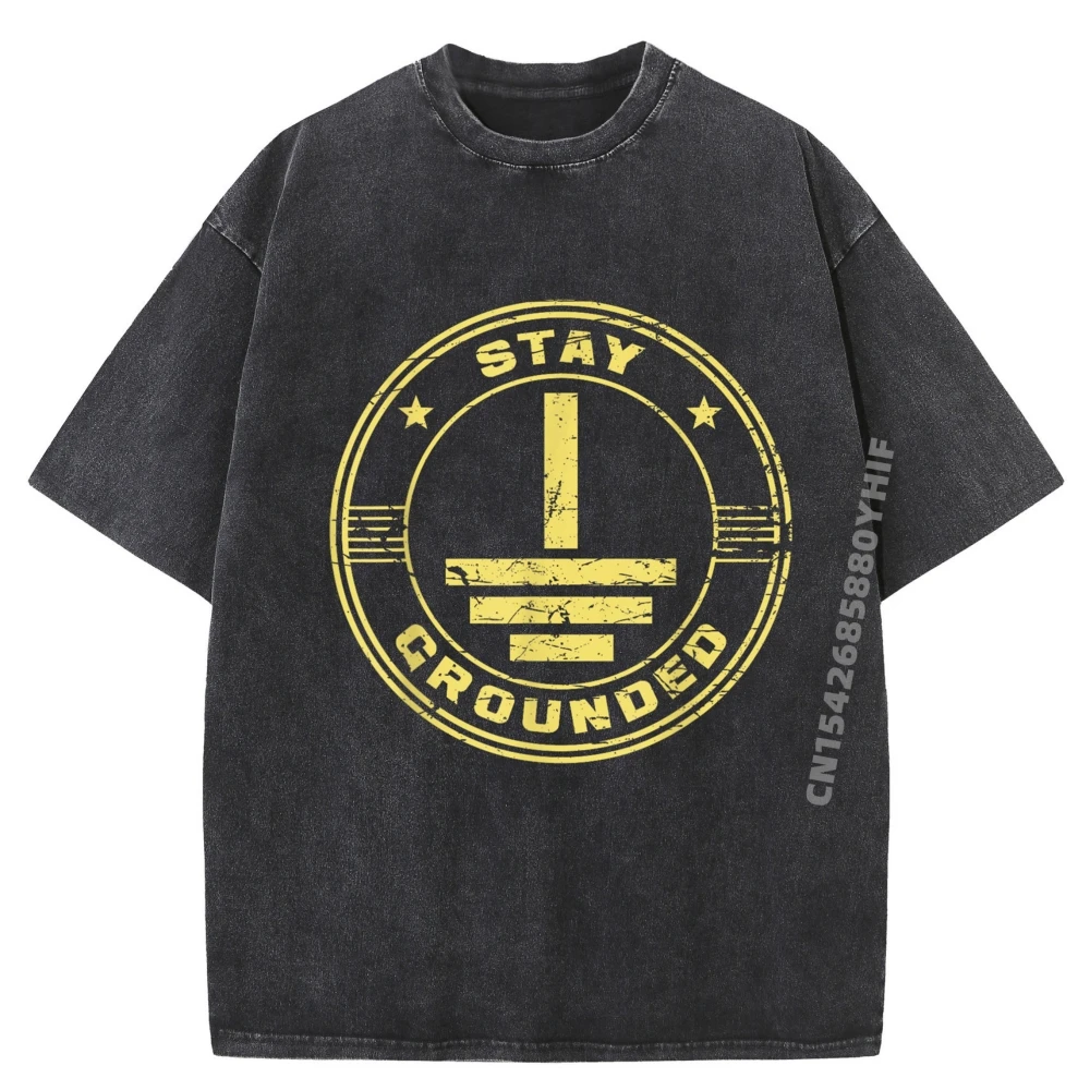 

Stay Grounded Electrician Wiring Electrical Work Wireman Vintage T Shirt Men Classic Washed Camisetas De Hombre