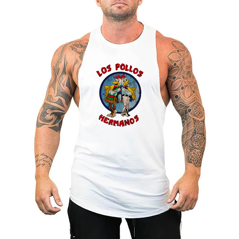 LOS POLLOS Hermanos Funny Printed Gym Clothing Mens Bodybuilding Fitness Running Tank Tops Cotton Cool Sleeveless Sport Shirt