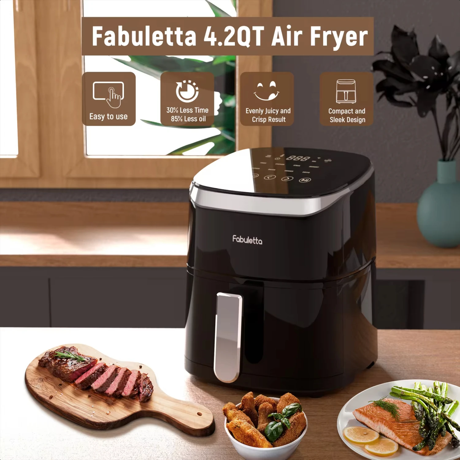 Air Fryer, Oven penggorengan udara 4.2QT dengan 9 program memasak cerdas yang dapat disesuaikan, tampilan kaca antigores, keranjang antilengket