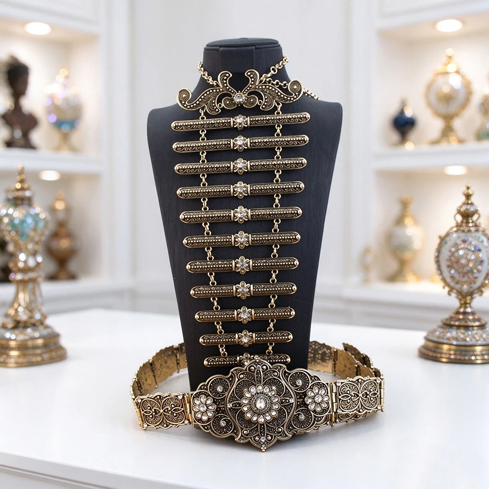 Poyasa Vintage Caucasus Women Belt Breastplate Ingush Bridal Jewelry Sets Old Gold Color Turkestan Necklace Dance Accessories