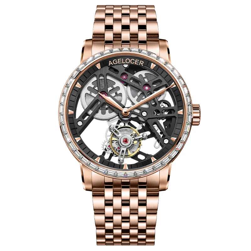 AGELOCER Original Tourbillon Watch Diamond Watch Men's Business Luxury Skeleton Manual Mechanical Watch Birthday Gift for Men