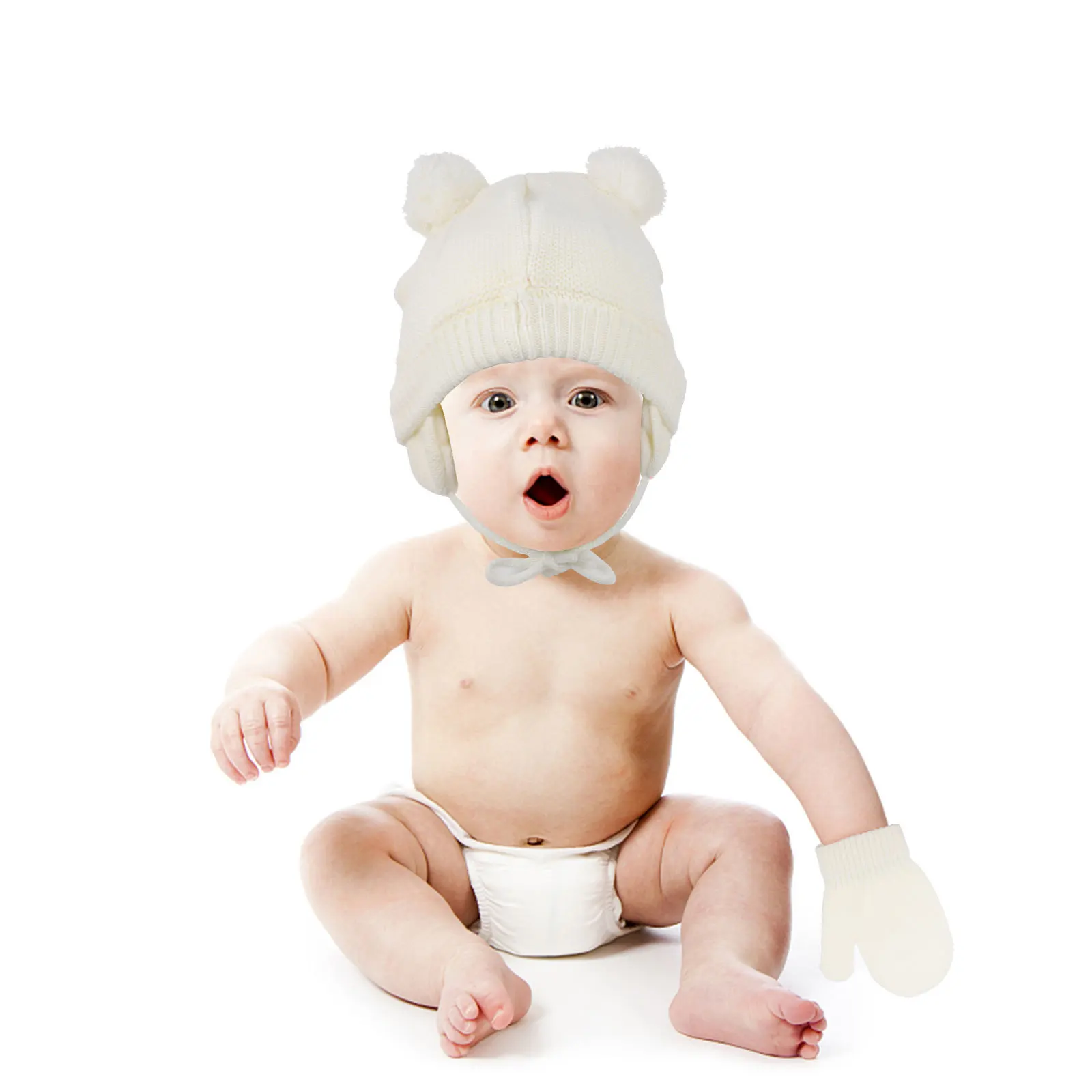 

1Set Baby Knit Hat Gloves Set Winter Pom Pompom Ear Flap Hat Newborn Infant Warm Gloves Winter Set
