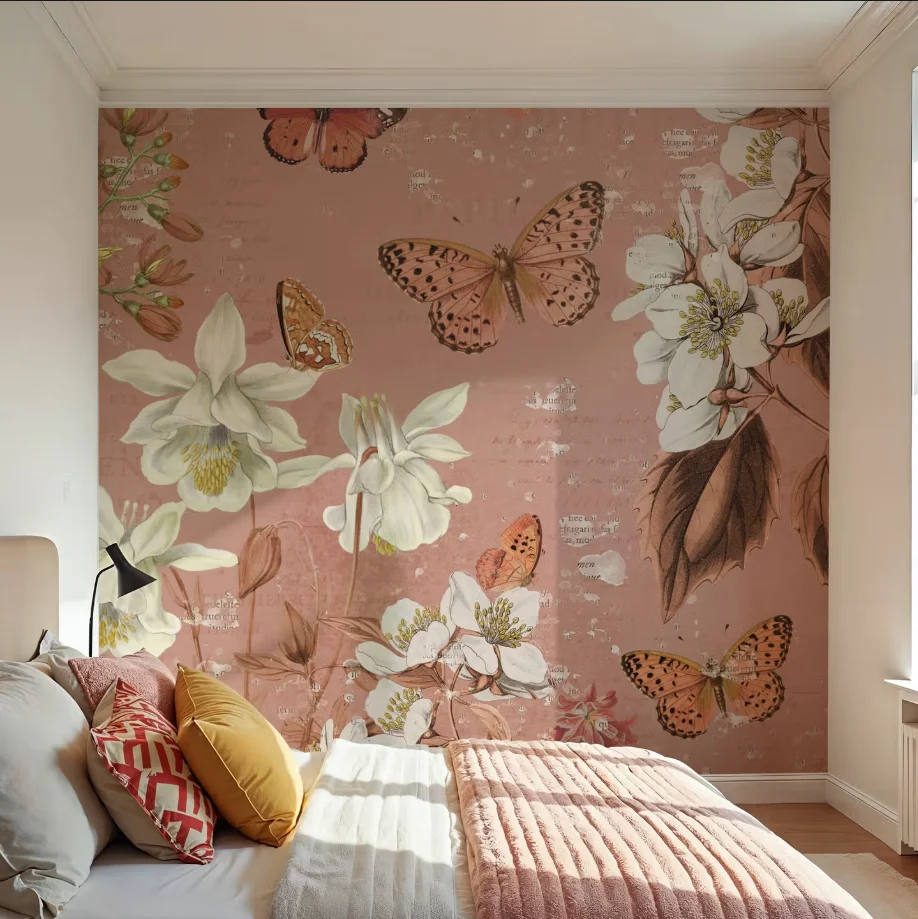 Customized Wallpaper Nostalgic Orchid Butterfly Pink Background Wallpaper Cartoon Children's Room Flower Butterfly 3d Mural