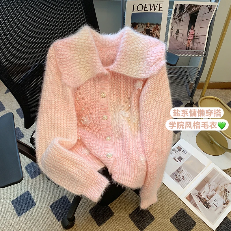 

Sweet Doll Neck Knitted Sweater New 2024 Autumn And Winter Fashion Flower Appliques Soft Knitting Cardigan Coat Women'S Knitwear