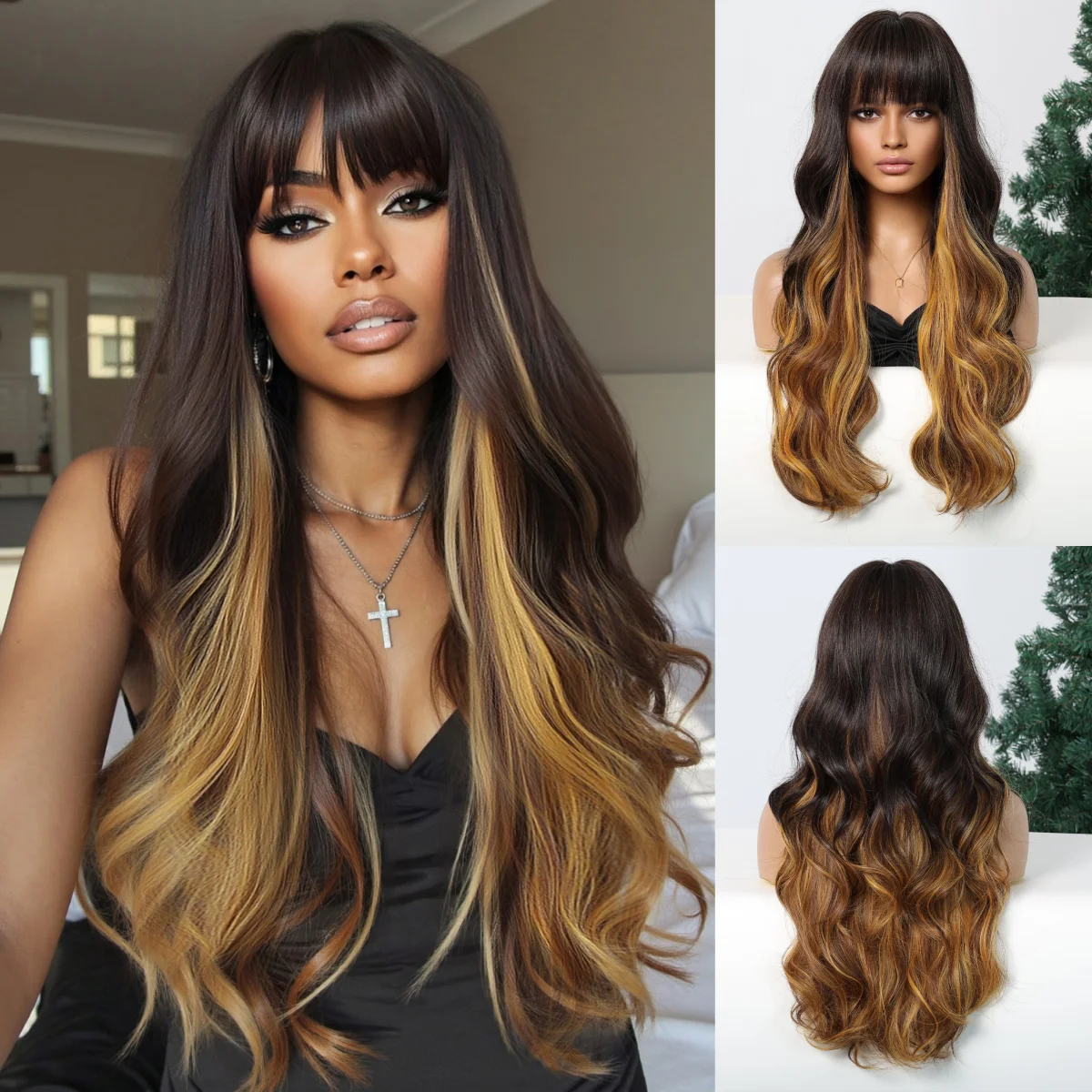 

Длинный волнистый синтетический парик от коричневого до светлого цвета с эффектом омбре для женщин, Лолита, косплей, вечерние, повседневные натуральные волосы с челкой