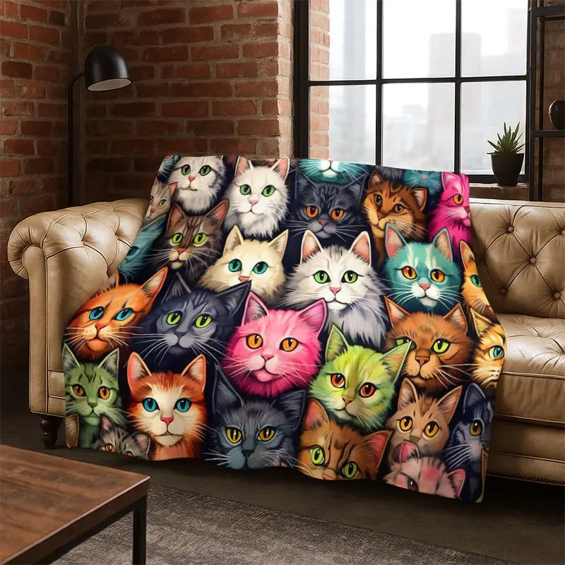 Cute Cat Kitten Cartoon Flannel Blanket Soft Warm Blanket Throw Blanket for Bedroom Living Room Bed Travel Camping Picnic Gift