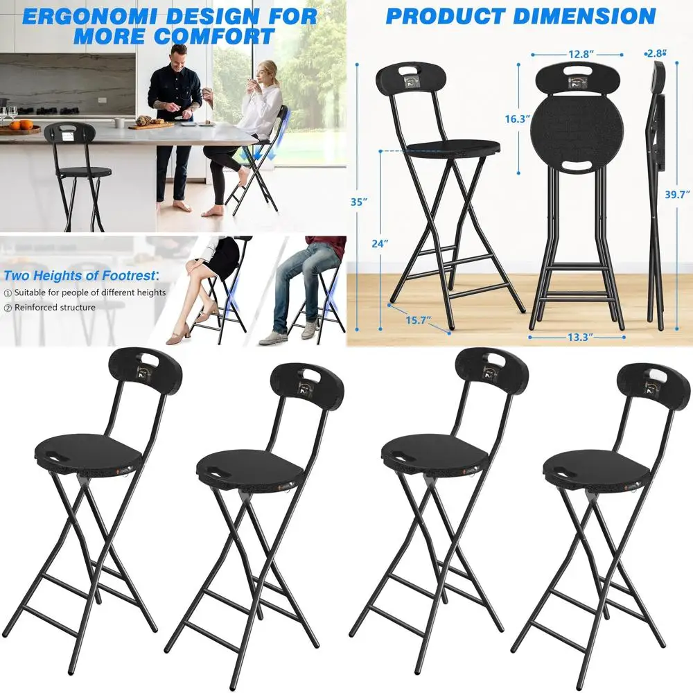 24-Inch Heavy-Duty Folding Stools with Back and Handle for Adults - Set of 2