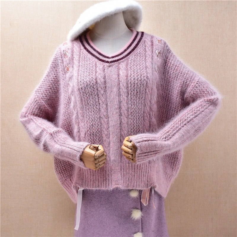 

Женский Mujer, осенне-зимний модный розовый кашемировый вязаный пуловер из норки с v-образным вырезом, свободный пуловер, свитер, джемпер из ангорского меха, Femmes