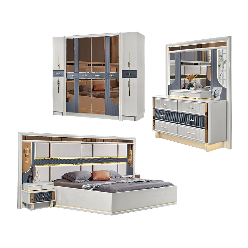 Modern design wooden frame king bed set with lamp headboard double main room home full luxury furniture bedroom set