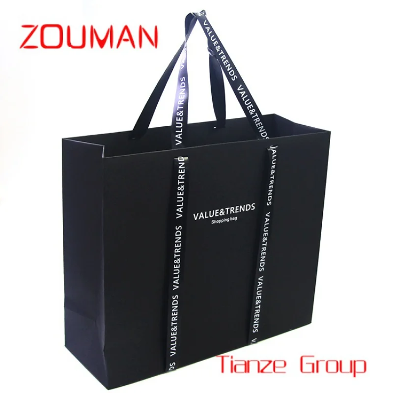 Custom , Custom print your own logo boutique clothing packaging bag garment shopping gift paper bags with ribbon handle