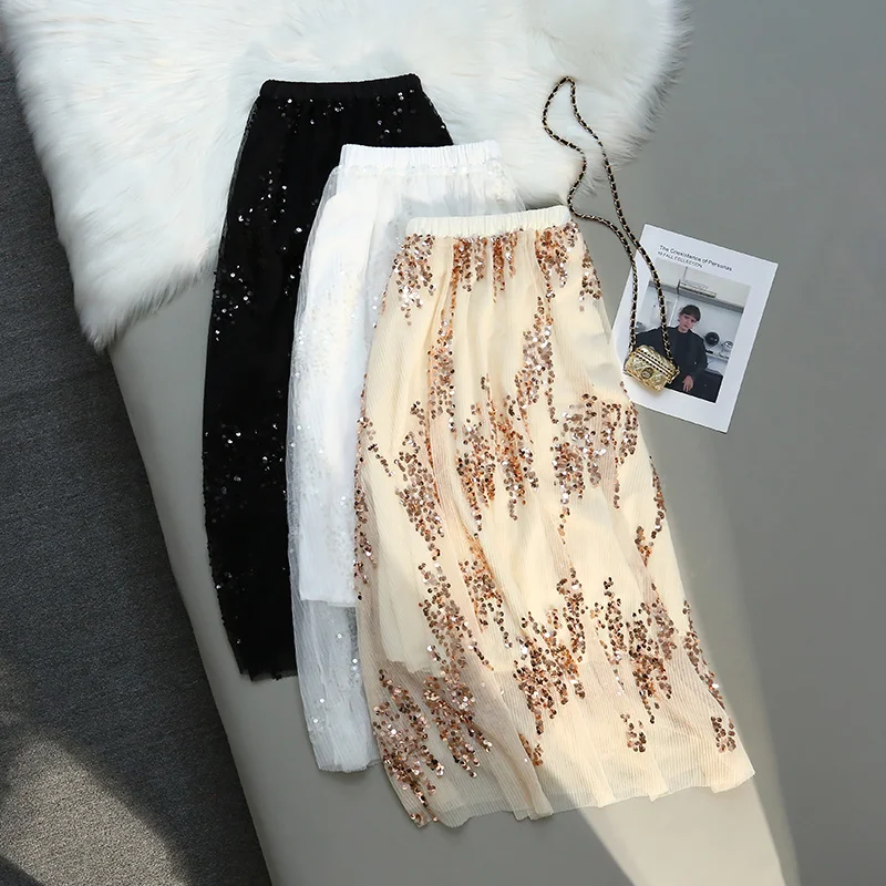 

High Waist Elegant Sequined Women's Long Skirts 2023 New Spring Summer Fashion Korean Umbrella A-Line Party Skirts Female