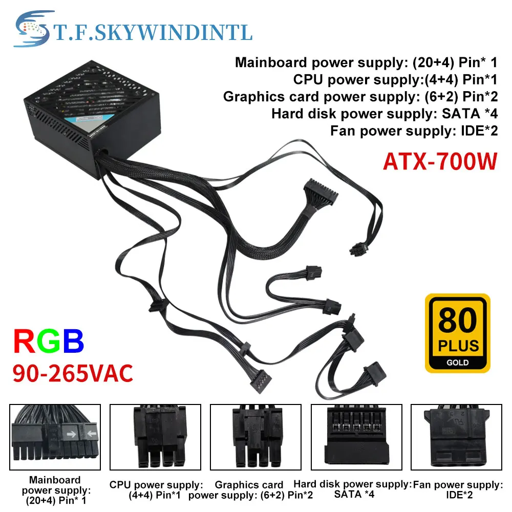 NEW T.F.SKYWINDINTL RGB PC Power Supply Server ATX PSU Rated Real 700W  Source Max 750W 24PIN Gaming Desktop Computer Supply