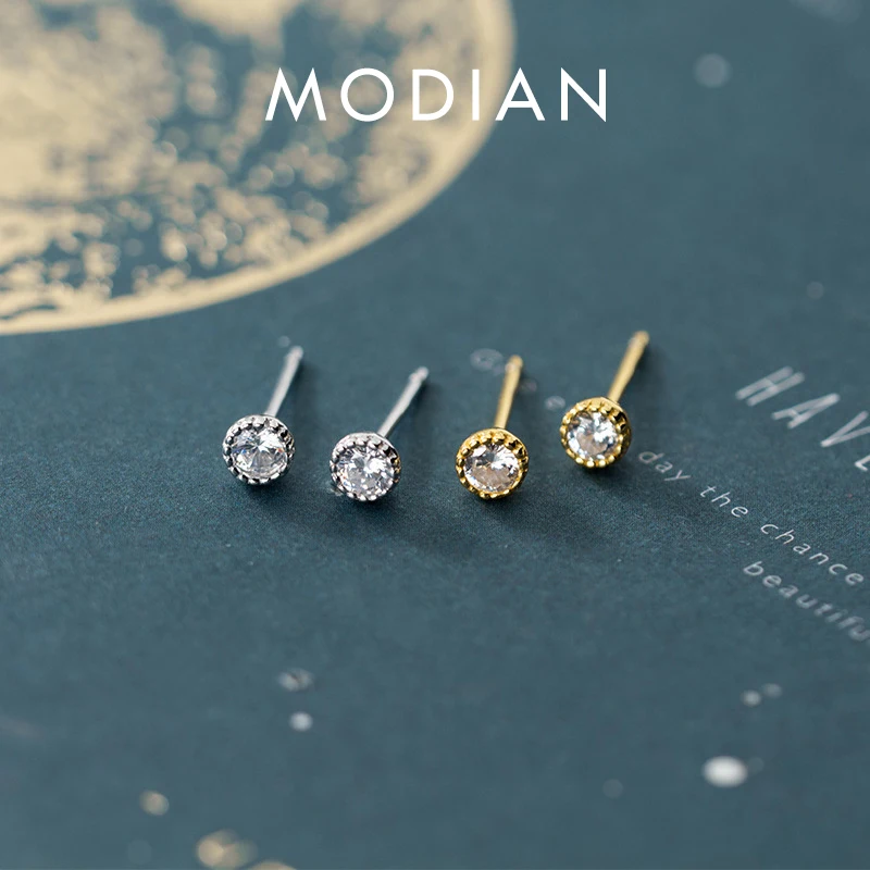 

Modian Cute Round Zircon Gold Color Stud Earring for Women Real 925 Sterling Silver Anti-Allergy Ear Pin Fine Jewelry Girl Gift