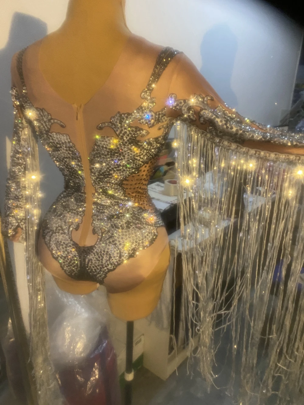 DS Singer Women dance costume Sparkly Silver Rhinestone Sequin Tassel Party Bodysuit Stage Fringes Jumpsuit Club Dancer Leotard