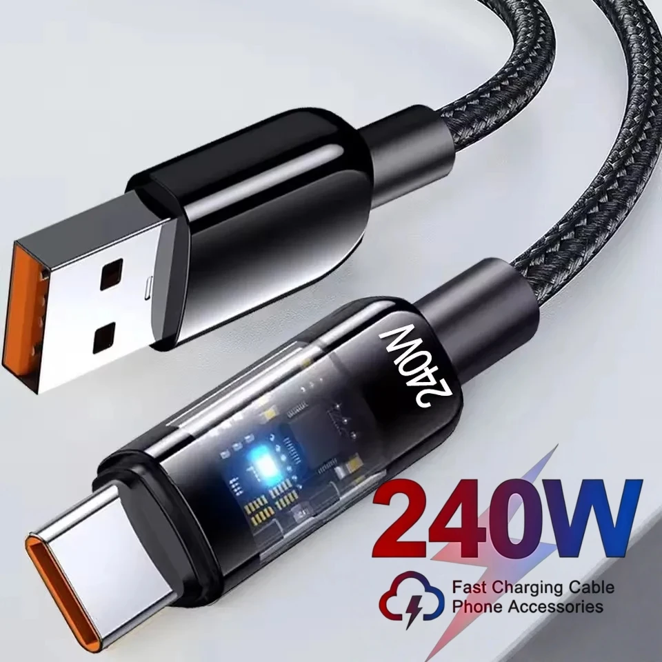 Cabo USB C de Carregamento Rápido 240W 10A, Trançado em Nylon Transparente, Cabo de Carregador de Alta Velocidade Tipo C para Samsung Huawei Mi
