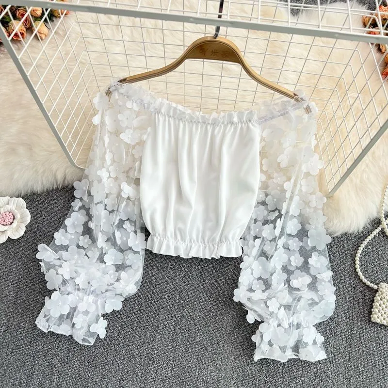 Sexy Off-shoulder Maternity Photography Clothes Lace Flower Photo Shoot Props Short Top Transparent Tulle Long Sleeved Clothes