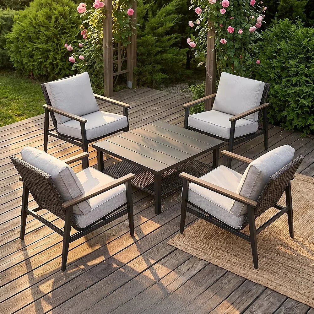 J&M T719 Garden Furniture Set PE Wicker Rattan 4 Seat Armchairs Coffee Table Iron Frame Backyard Deck Sofa Set For Home Outdoor