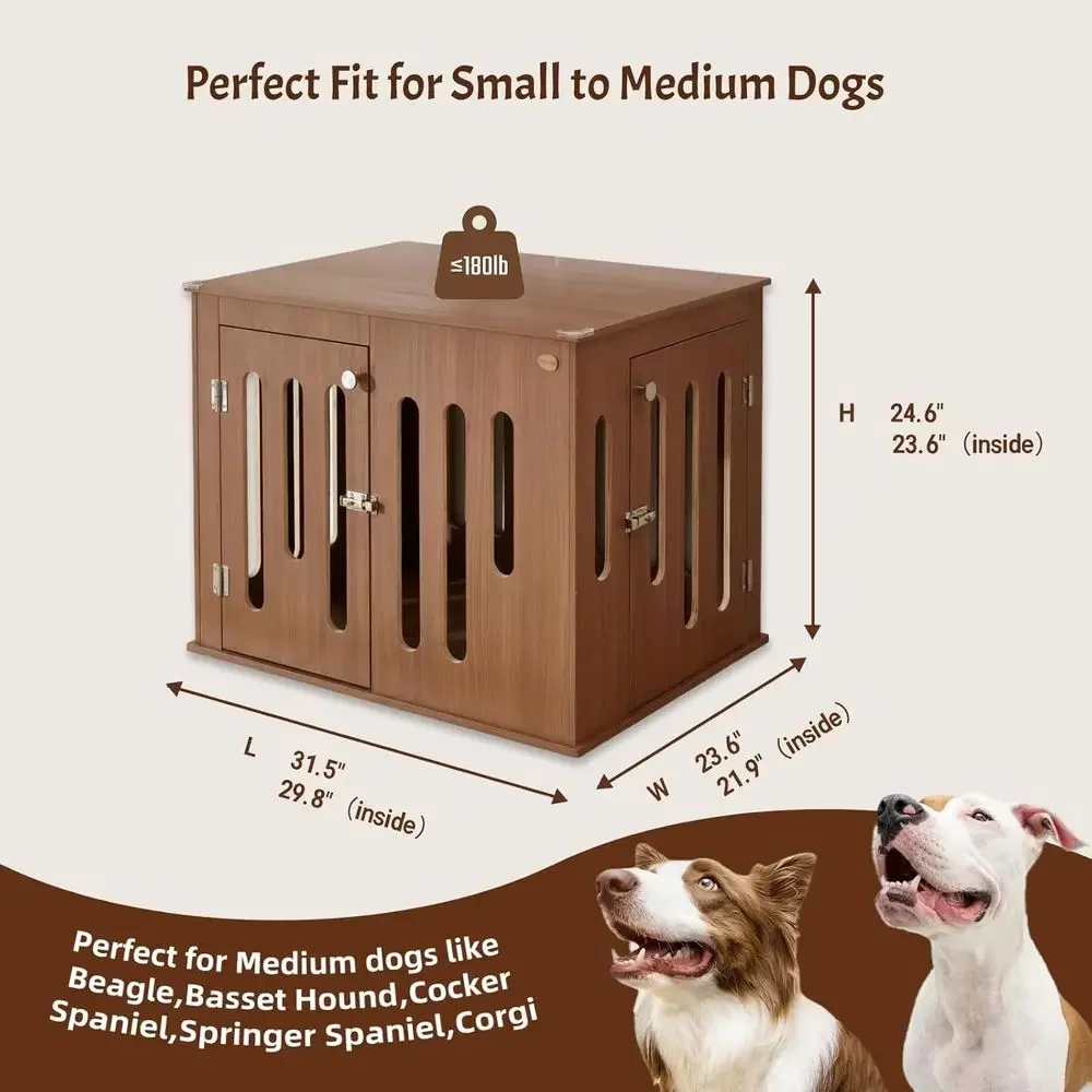 32 Inch Multi-Functional Dog Crate for Medium Small Dogs, Quick-Release Door, Waterproof, Solid Wood in Walnut, TV Stand & Side