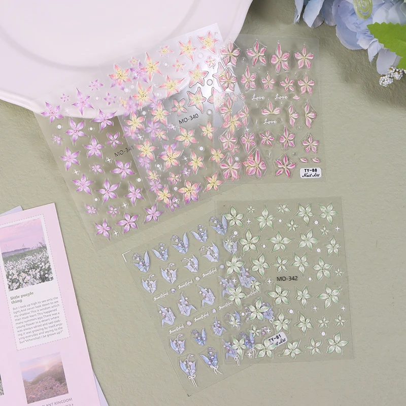 Nail Sticker Decoration 5D Embossed Lily Ice Flower Stickers Self Adhesive Engraved Floral Decals Pink Rose Nail Art DIY Manicur