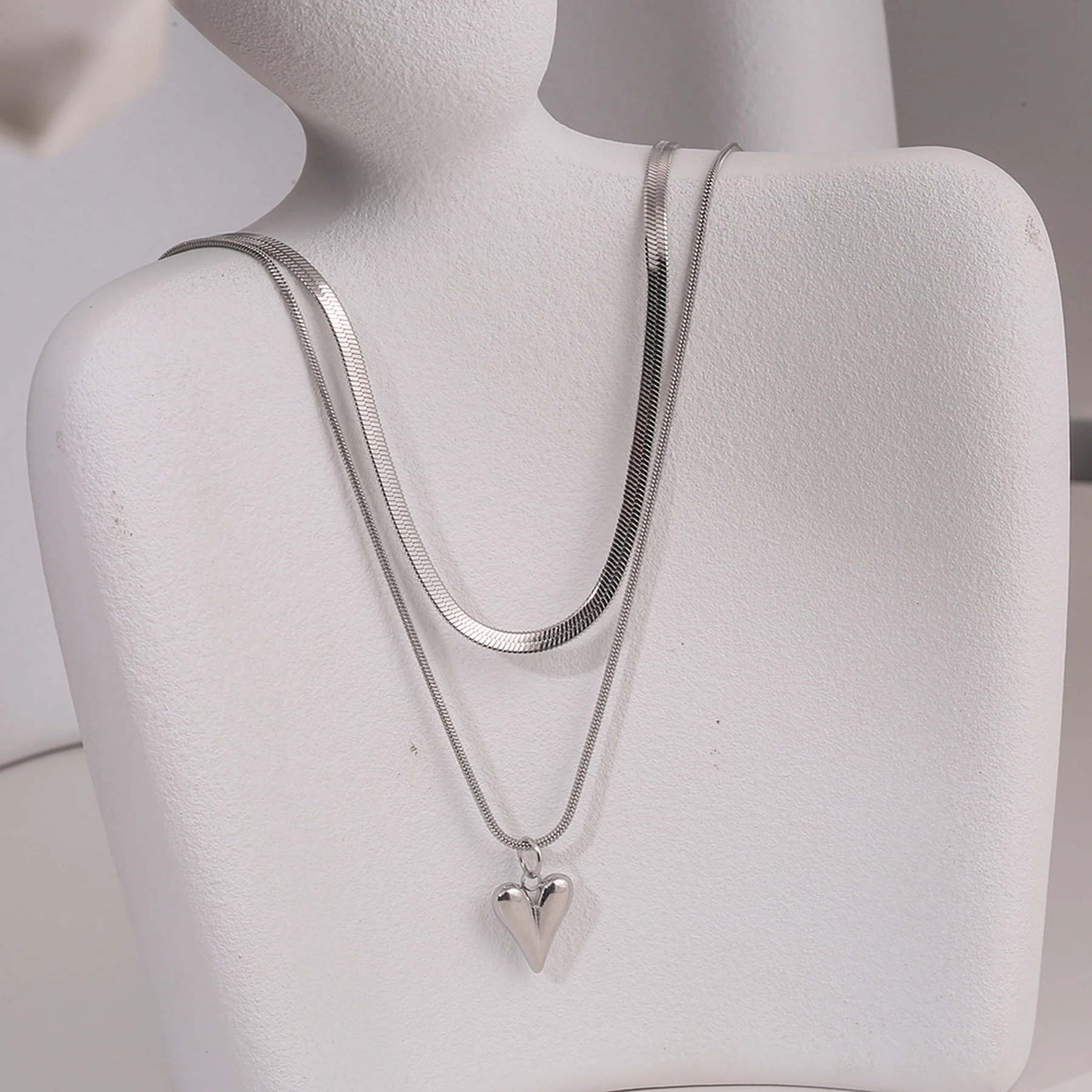 Seakissky Simple Stylish Double-layer Stainless Steel Necklace Charming Love Heart Pendant Hot Selling High-quality Women Gifts