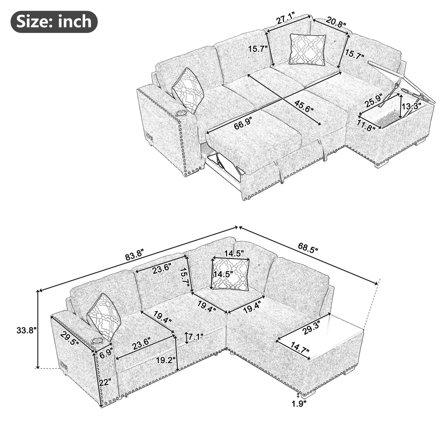 L-Shaped Pull-Out Sofa Bed Couch w/ Storage Chaise, USB Ports, Power Sockets, Cup Holder - Light Gray