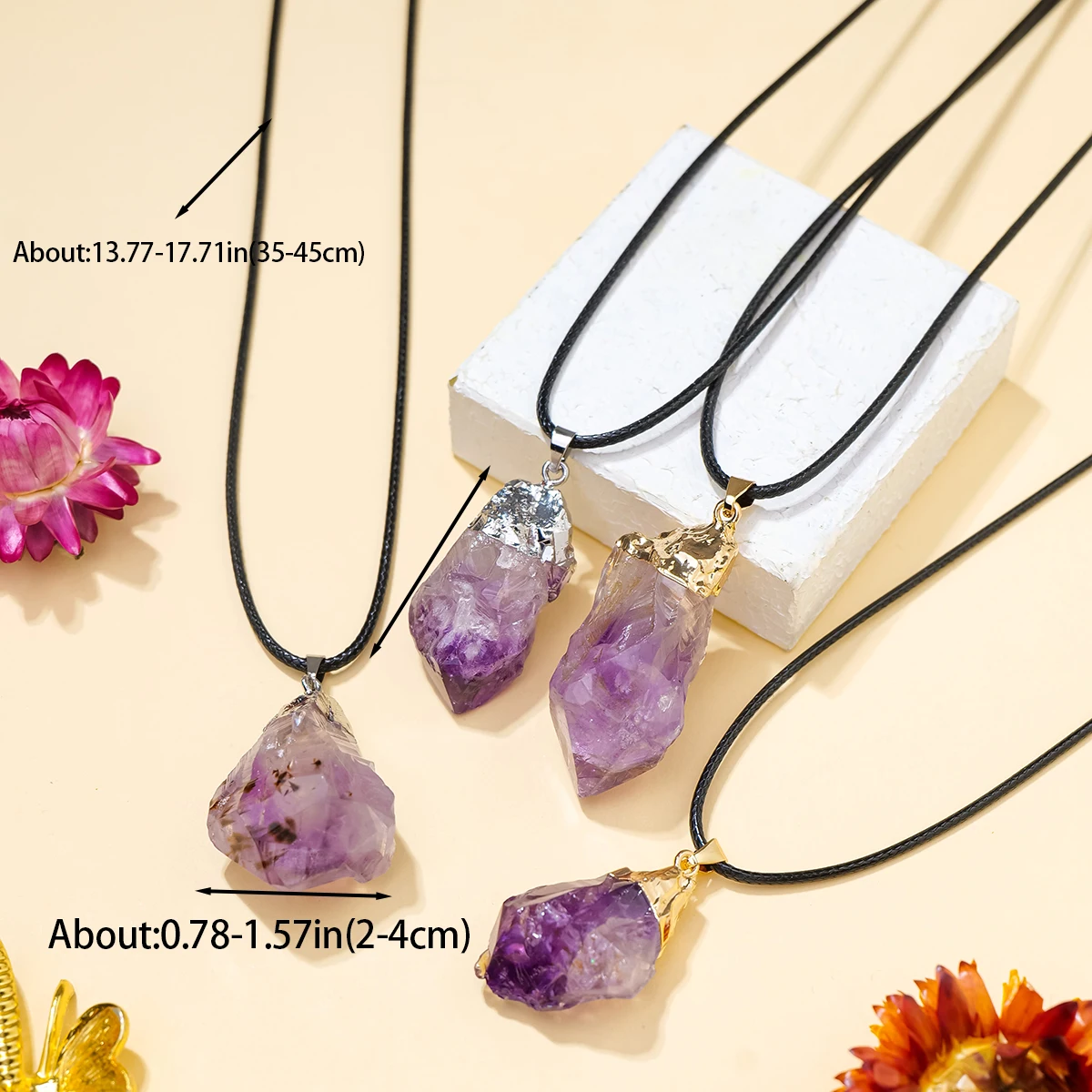 1pc Natural Amethyst Raw Stone Backbone Scepter Necklace With Gilded Edge Mining Mark Pendant Jewelry Accessories