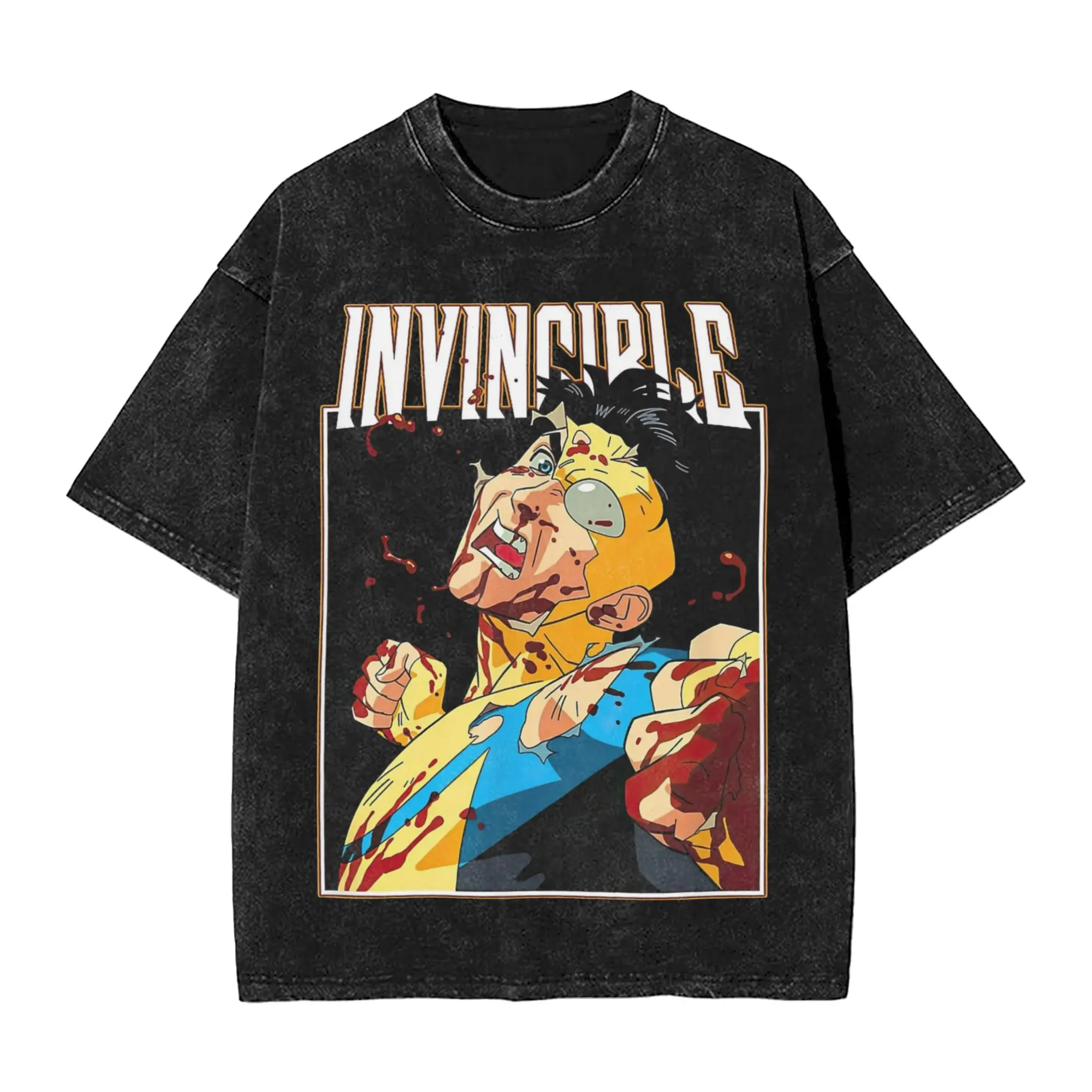 Invincible Battle Damaged Mark Washed T Shirts Streetwear Retro T-Shirts  Tees Men Women Short Sleeve Oversize Summer