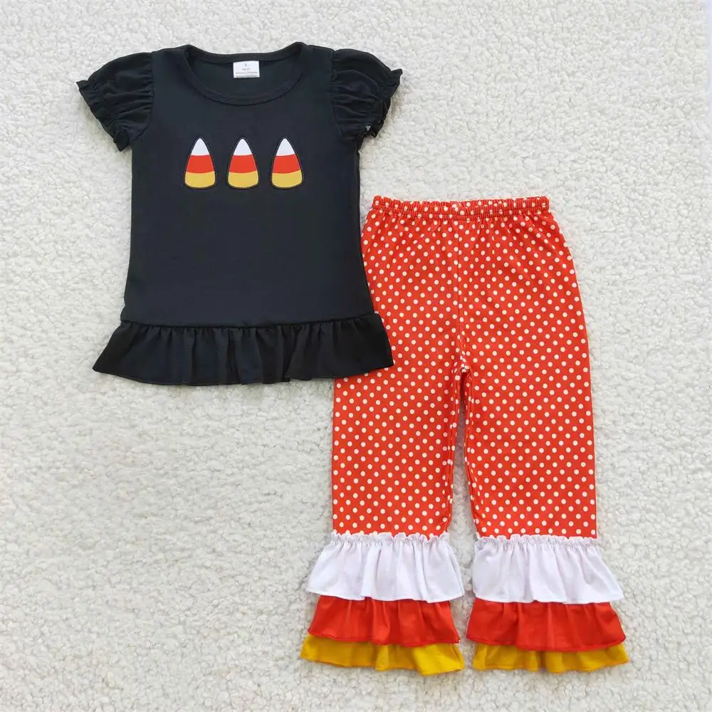 

Wholesale Baby Girl Halloween Set Toddler Short Sleeves Embroidery Candy Corn Shirt Orange Pants Kids Infant Children Outfit