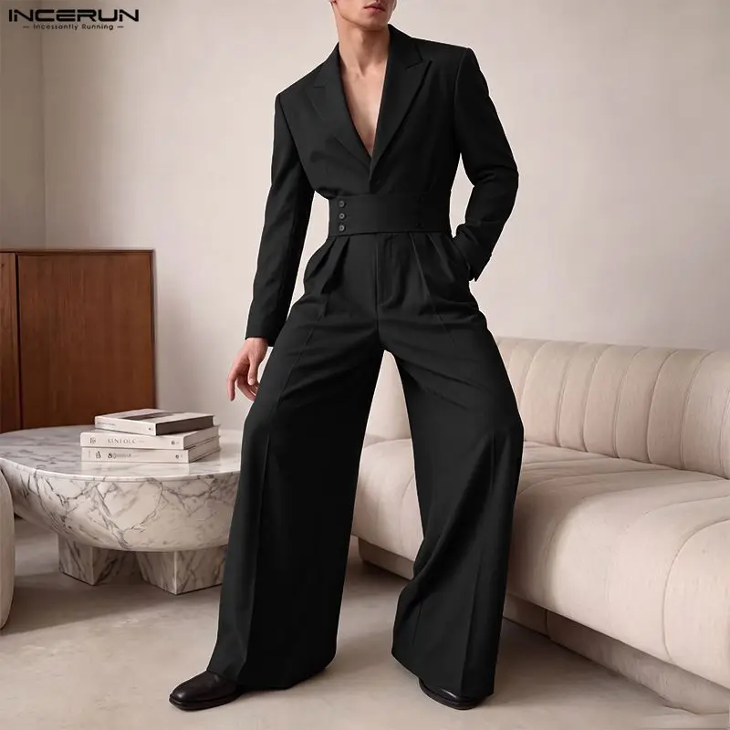 2026 Men's Jumpsuits Solid Color Lapel Long Sleeve Elegant Casual Overalls For Man Baggy Streetwear Stylish Male Rompers INCERUN