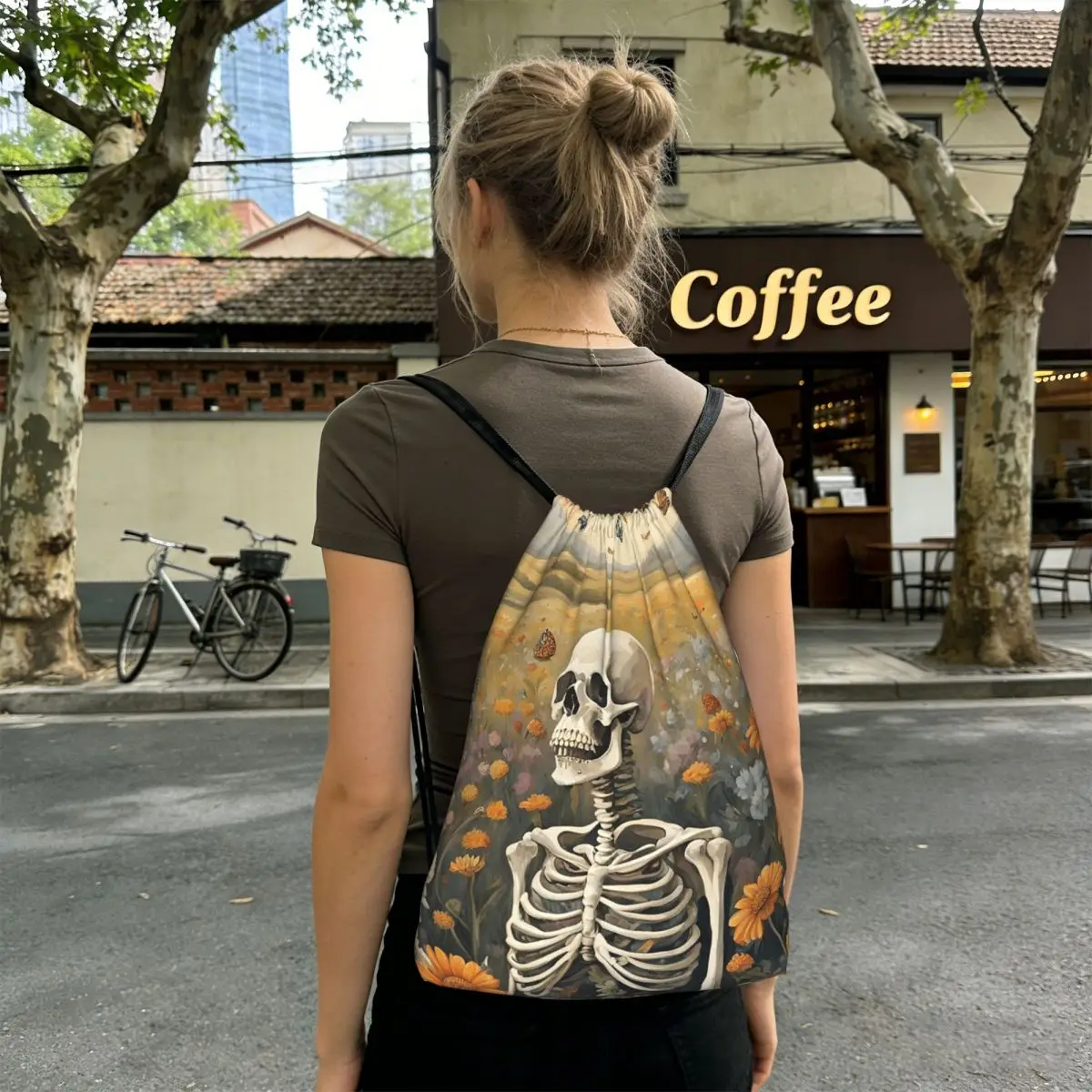 

A Skeleton Encircled By Colorful Flowers Backpacks Multi-function Drawstring Bags Sports Bag Book Bags for Man Woman School