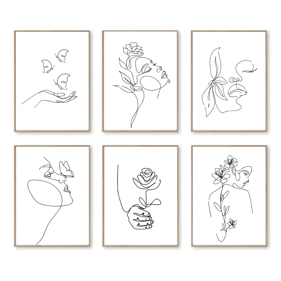 خطوط مجردة للنساء على شكل زهرة بسيطة فن جداري ، لوحة قماشية ، ملصق ، صور مطبوعة ، ديكور داخلي ، غرفة معيشة #5