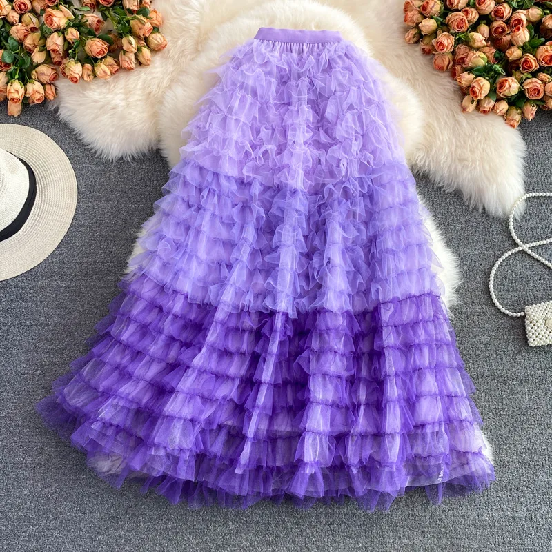 New Women's Elegant Pleated Mesh Skirts 2026 Spring Summer Trend Fashion A-line High Waist Long Skirt