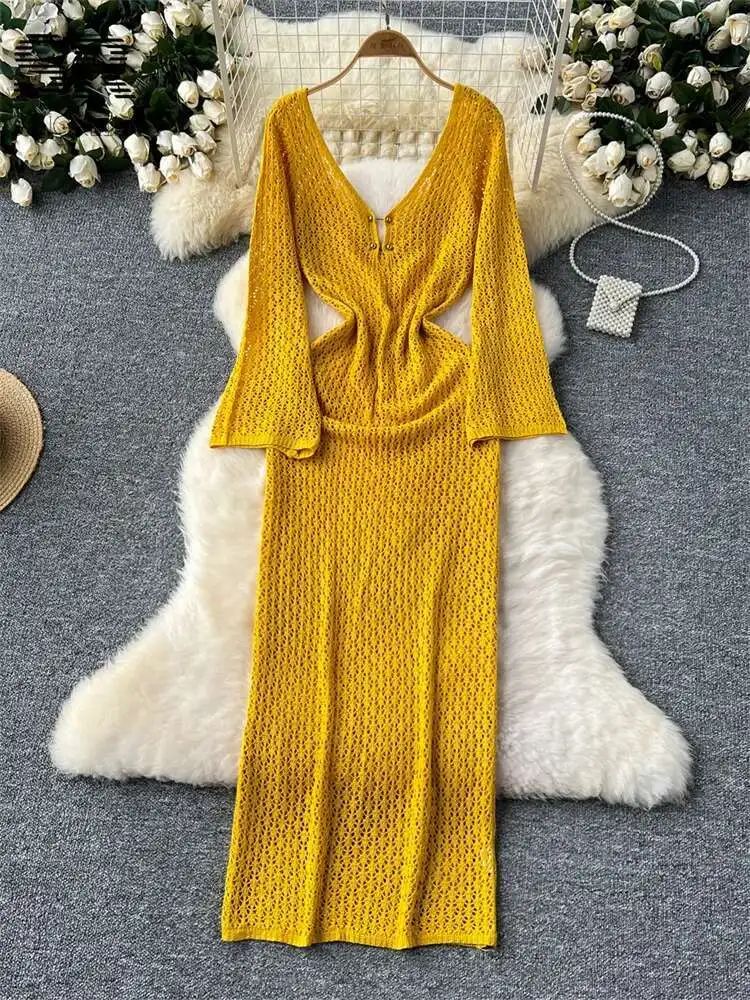 BabYoung مثير منتصف طول الحياكة المرأة الصيف مضيئة كم الخامس الرقبة الجوف خارج السيدات منتظم صالح مزاجه الصلبة اللباس