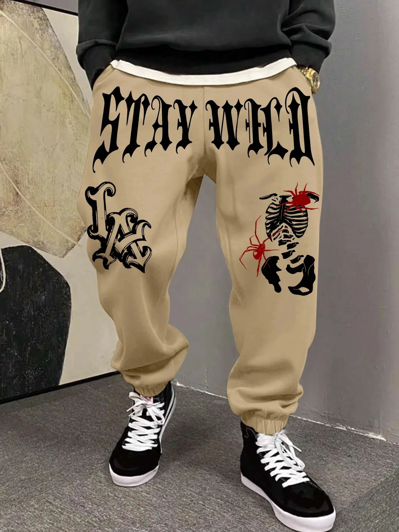 2026  Autumn/Winter Men's Retro Dark Garbage Gothic Letter Pattern Elastic Sleeve Sports Pants Popular Retro Street Casual Pants